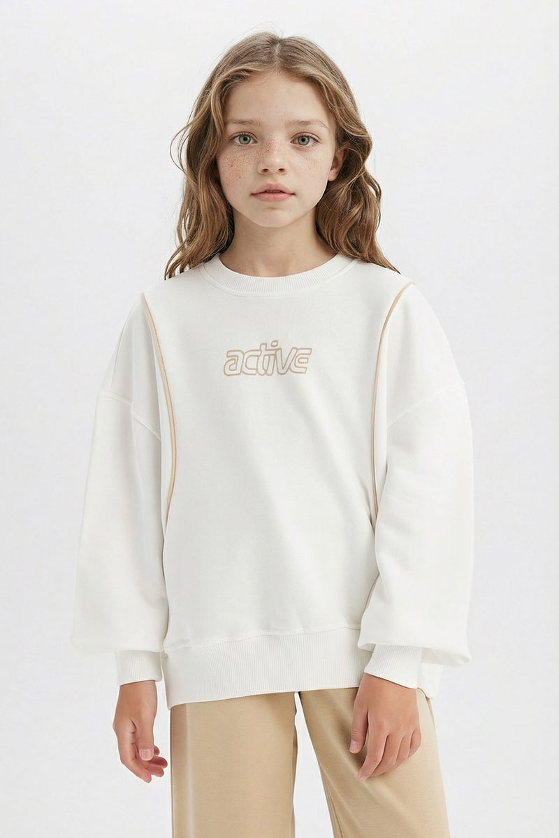 DeFacto Beige Girl Girl Oversize Crew Neck Printed Sweatshirt Casual - Image 3